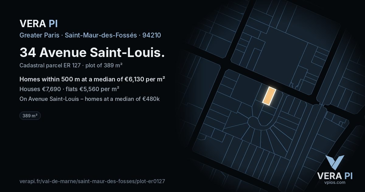 34 Avenue Saint-Louis, Saint-Maur-des-Fossés at night – the plot lit, the parcels around coloured by the prices near them
