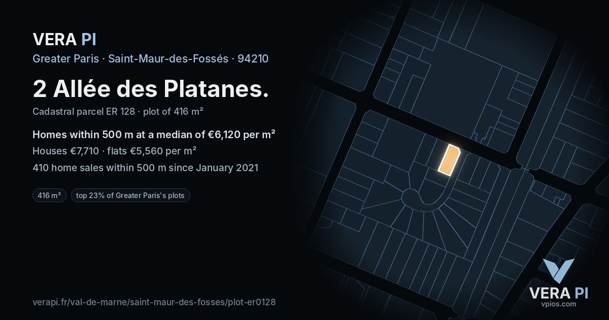 2 Allée des Platanes, Saint-Maur-des-Fossés at night – the plot lit, the parcels around coloured by the prices near them