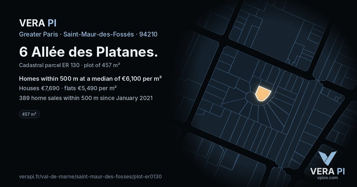 6 Allée des Platanes, Saint-Maur-des-Fossés at night – the plot lit, the parcels around coloured by the prices near them