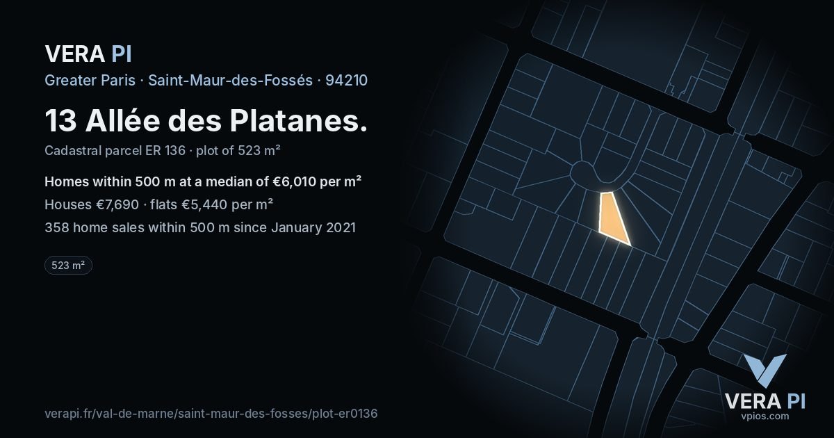 13 Allée des Platanes, Saint-Maur-des-Fossés at night – the plot lit, the parcels around coloured by the prices near them