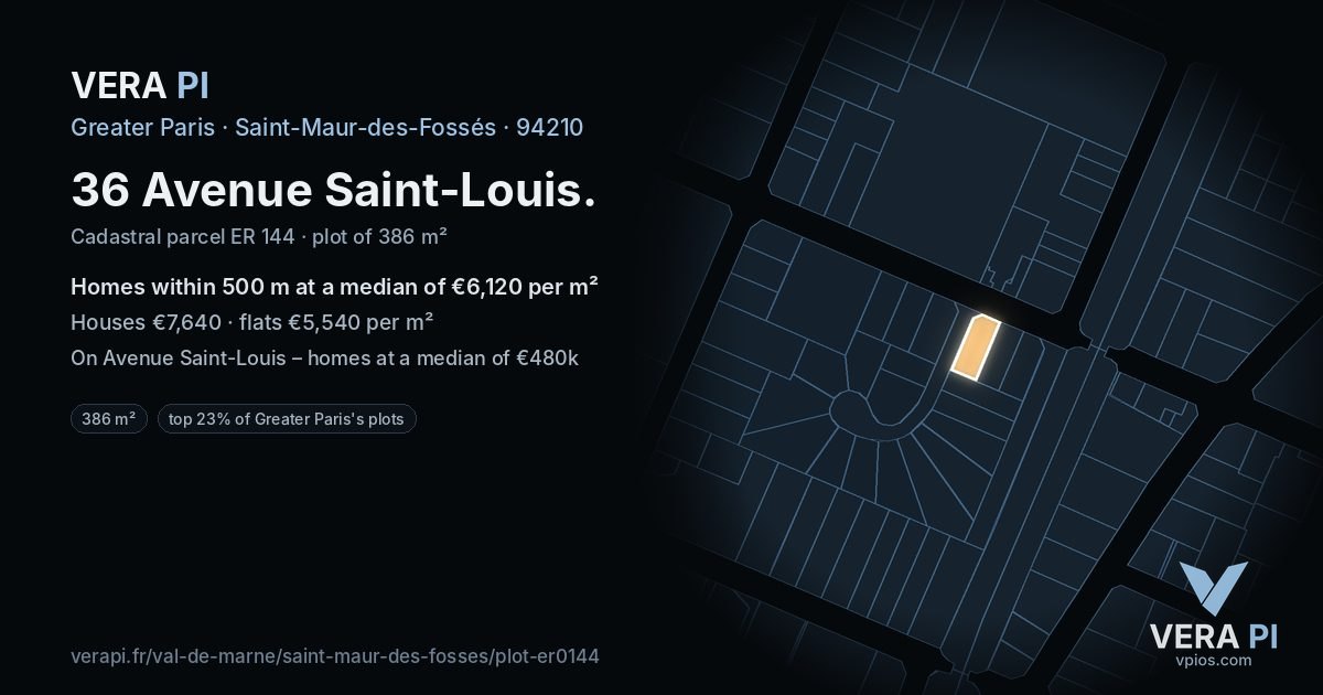 36 Avenue Saint-Louis, Saint-Maur-des-Fossés at night – the plot lit, the parcels around coloured by the prices near them