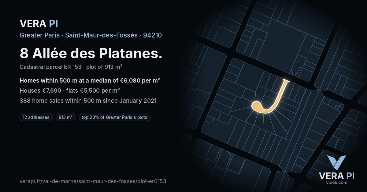 8 Allée des Platanes, Saint-Maur-des-Fossés at night – the plot lit, the parcels around coloured by the prices near them