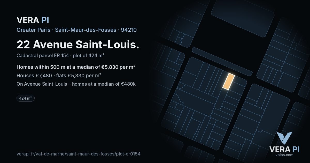 22 Avenue Saint-Louis, Saint-Maur-des-Fossés at night – the plot lit, the parcels around coloured by the prices near them