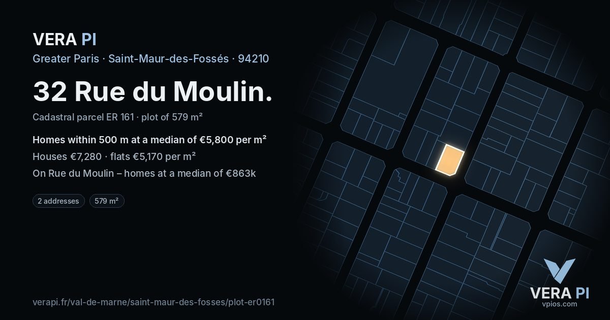 32 Rue du Moulin, Saint-Maur-des-Fossés at night – the plot lit, the parcels around coloured by the prices near them
