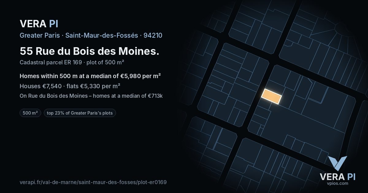 55 Rue du Bois des Moines, Saint-Maur-des-Fossés at night – the plot lit, the parcels around coloured by the prices near them