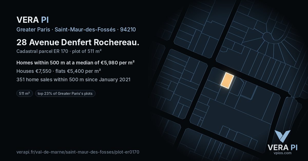 28 Avenue Denfert Rochereau, Saint-Maur-des-Fossés at night – the plot lit, the parcels around coloured by the prices near them