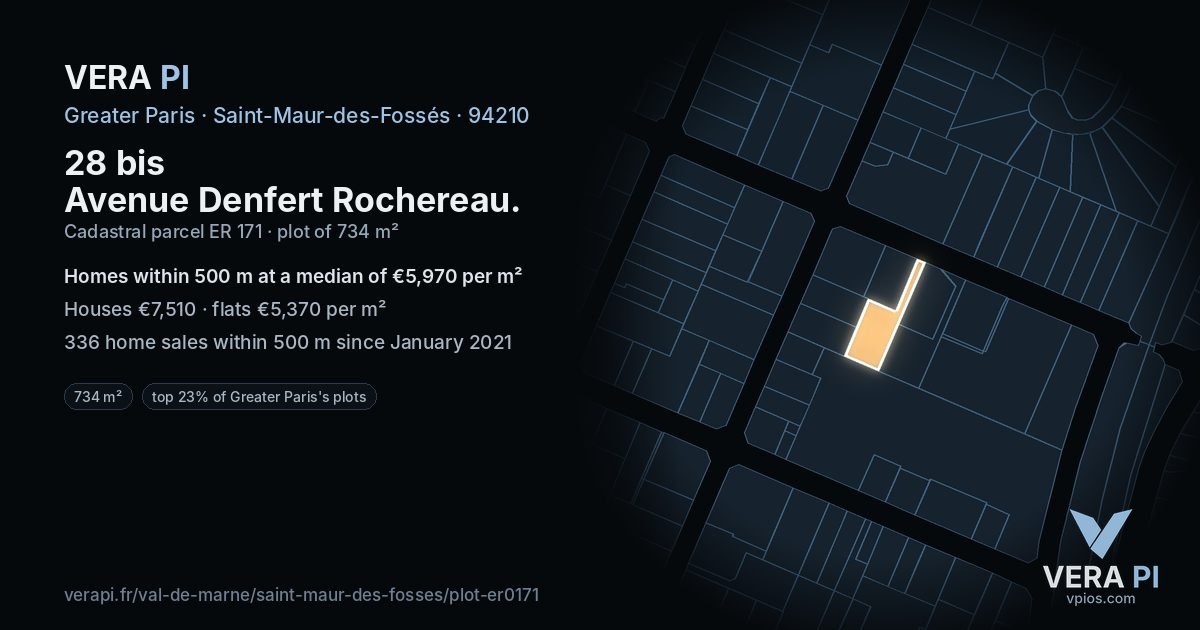 28 bis Avenue Denfert Rochereau, Saint-Maur-des-Fossés at night – the plot lit, the parcels around coloured by the prices near them