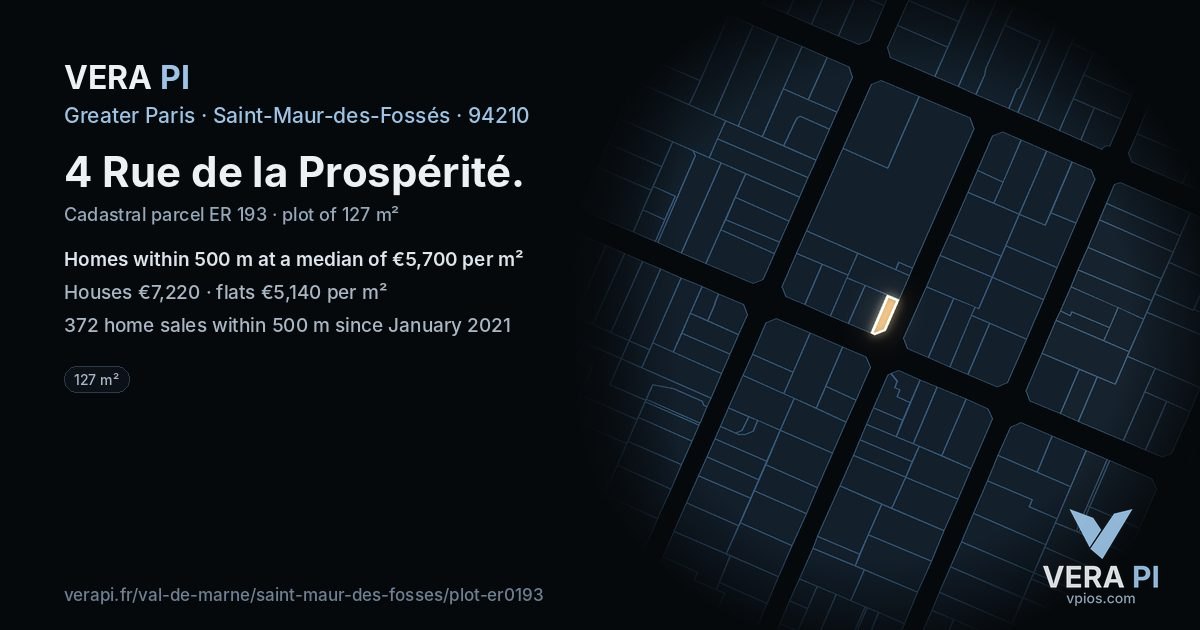 4 Rue de la Prospérité, Saint-Maur-des-Fossés at night – the plot lit, the parcels around coloured by the prices near them
