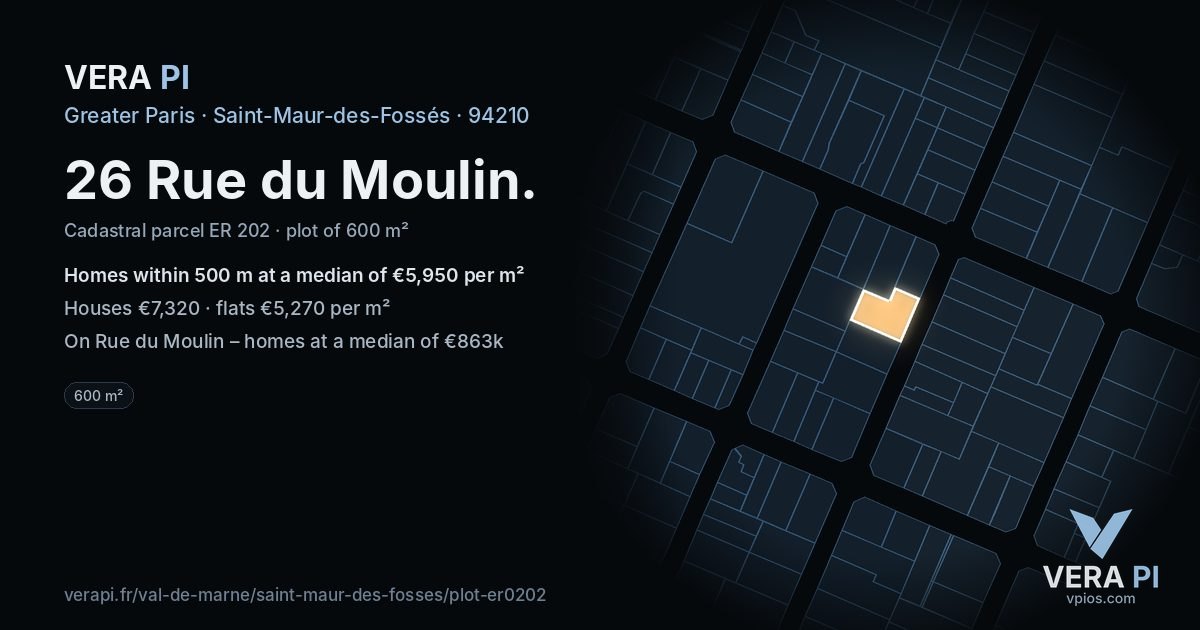 26 Rue du Moulin, Saint-Maur-des-Fossés at night – the plot lit, the parcels around coloured by the prices near them