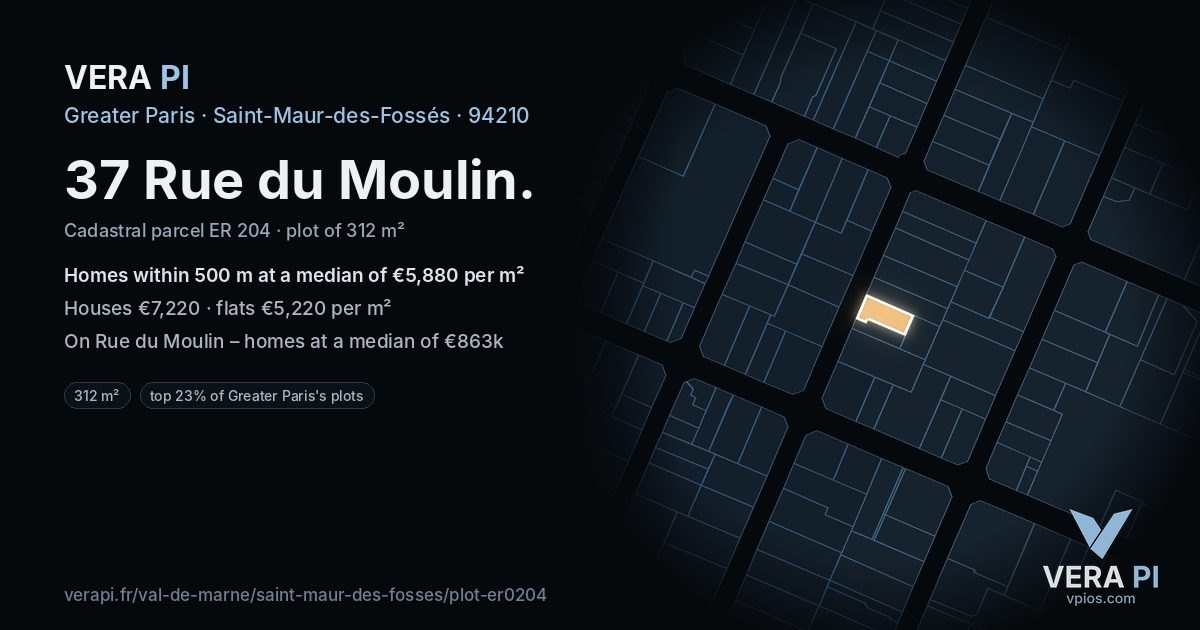 37 Rue du Moulin, Saint-Maur-des-Fossés at night – the plot lit, the parcels around coloured by the prices near them