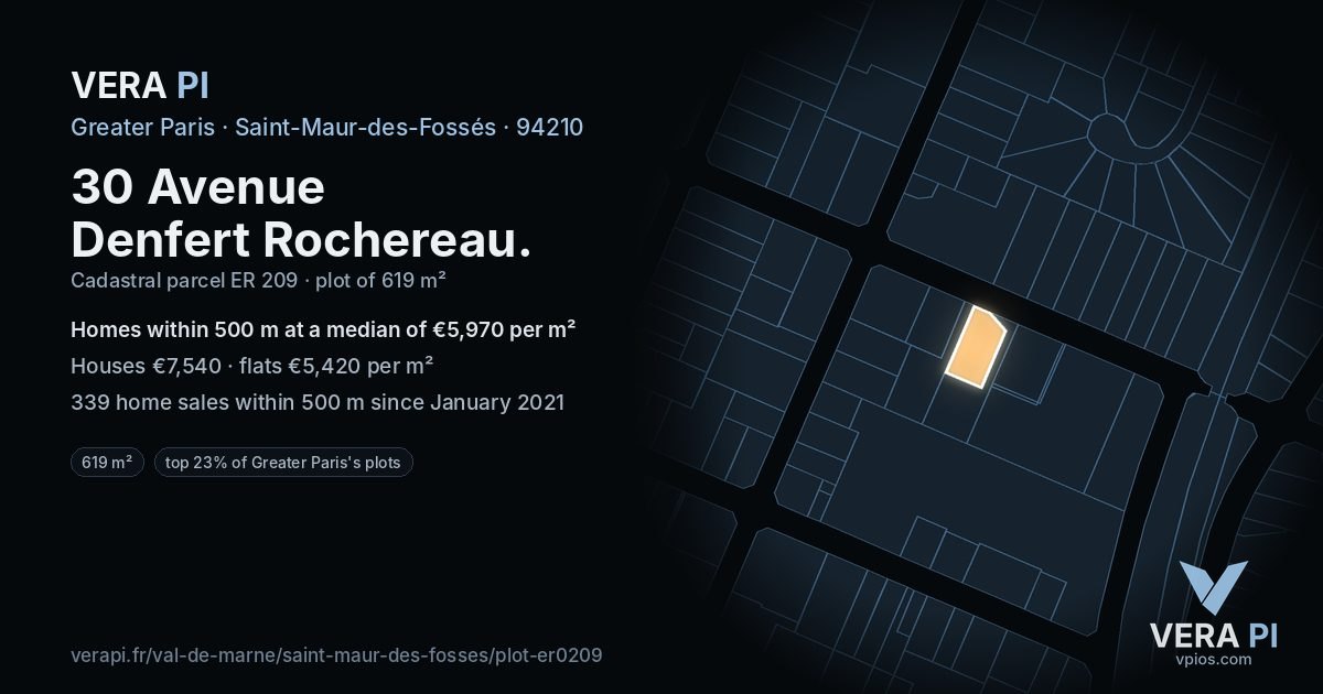 30 Avenue Denfert Rochereau, Saint-Maur-des-Fossés at night – the plot lit, the parcels around coloured by the prices near them
