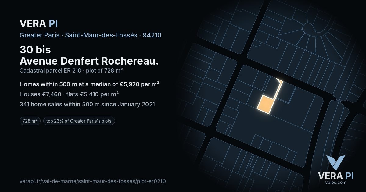 30 bis Avenue Denfert Rochereau, Saint-Maur-des-Fossés at night – the plot lit, the parcels around coloured by the prices near them