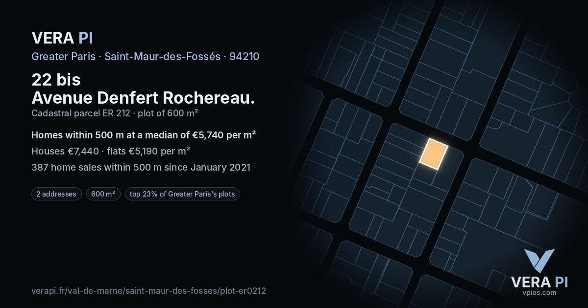 22 bis Avenue Denfert Rochereau, Saint-Maur-des-Fossés at night – the plot lit, the parcels around coloured by the prices near them