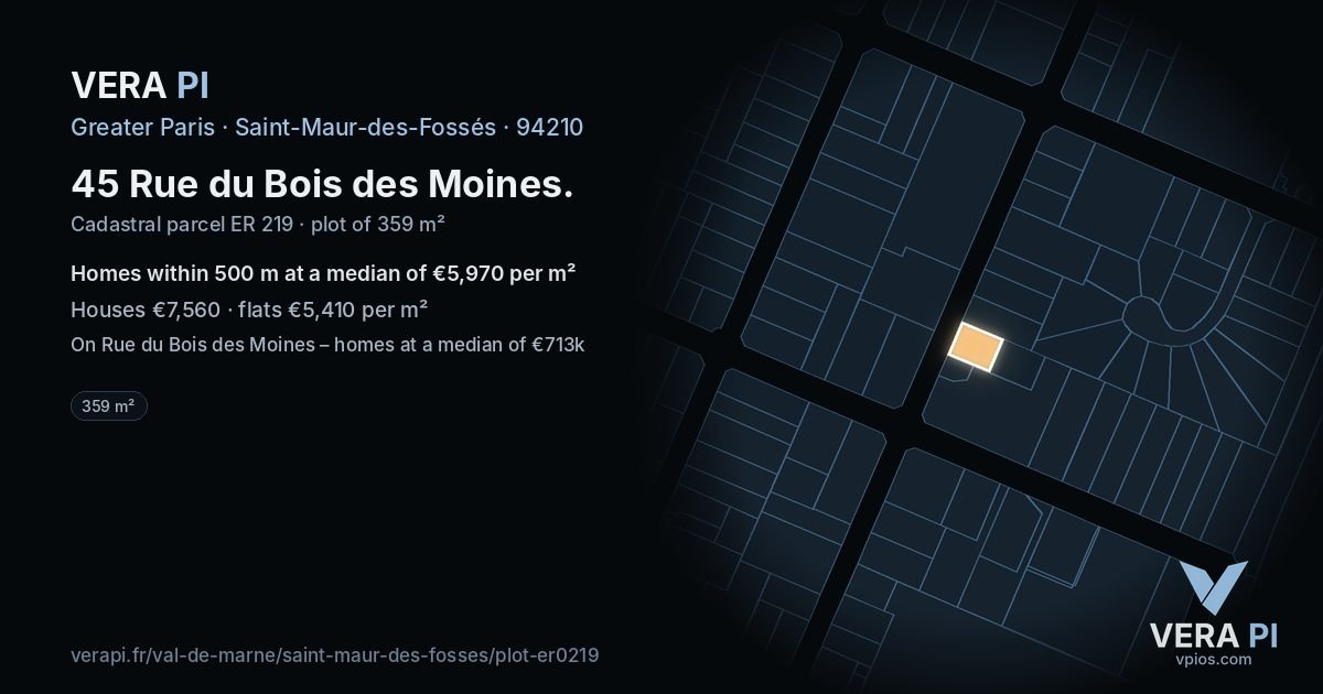 45 Rue du Bois des Moines, Saint-Maur-des-Fossés at night – the plot lit, the parcels around coloured by the prices near them