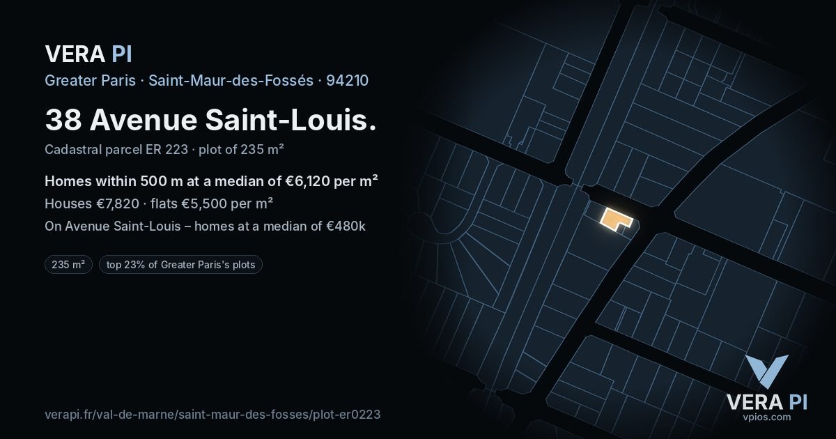 38 Avenue Saint-Louis, Saint-Maur-des-Fossés at night – the plot lit, the parcels around coloured by the prices near them