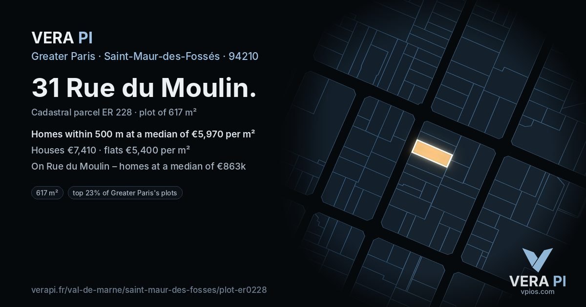 31 Rue du Moulin, Saint-Maur-des-Fossés at night – the plot lit, the parcels around coloured by the prices near them