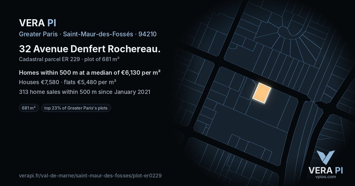 32 Avenue Denfert Rochereau, Saint-Maur-des-Fossés at night – the plot lit, the parcels around coloured by the prices near them