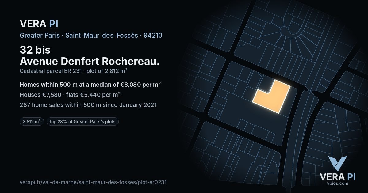 32 bis Avenue Denfert Rochereau, Saint-Maur-des-Fossés at night – the plot lit, the parcels around coloured by the prices near them