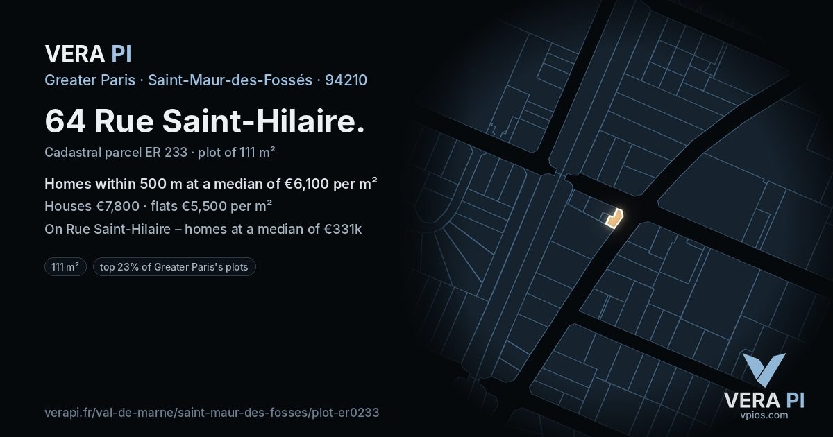 64 Rue Saint-Hilaire, Saint-Maur-des-Fossés at night – the plot lit, the parcels around coloured by the prices near them