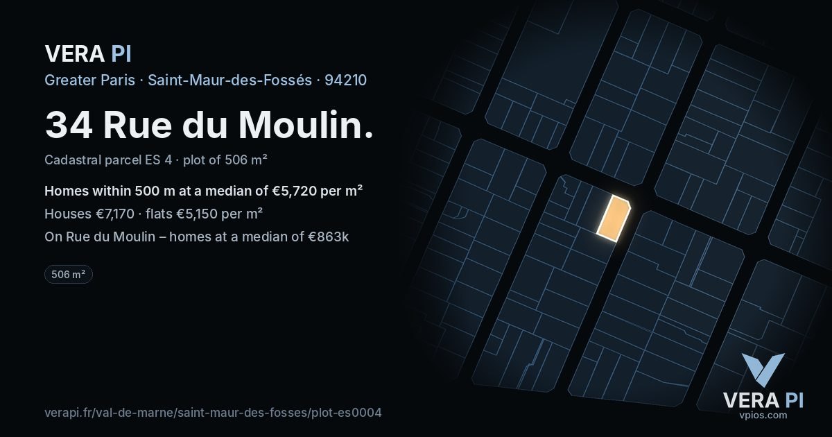 34 Rue du Moulin, Saint-Maur-des-Fossés at night – the plot lit, the parcels around coloured by the prices near them