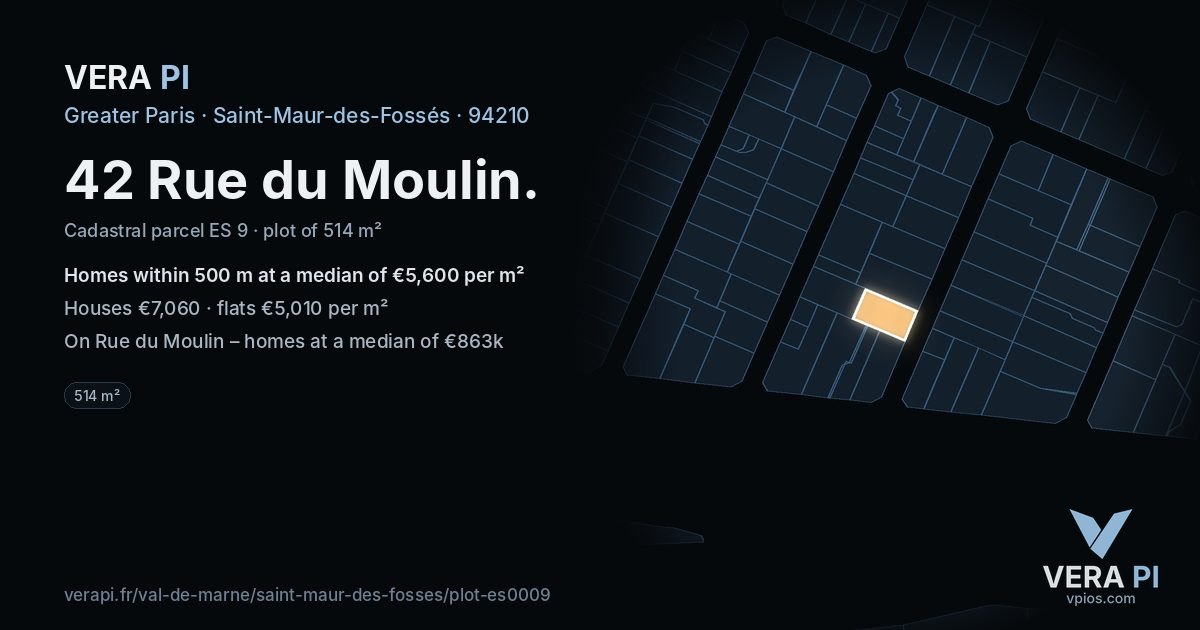 42 Rue du Moulin, Saint-Maur-des-Fossés at night – the plot lit, the parcels around coloured by the prices near them