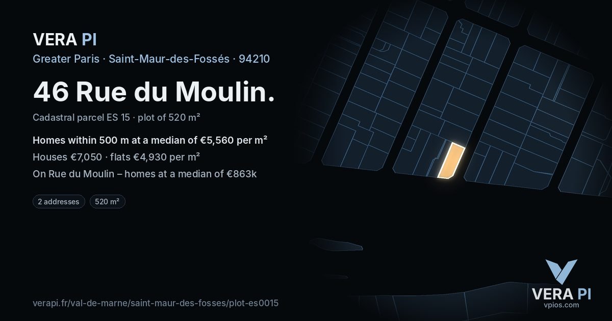 46 Rue du Moulin, Saint-Maur-des-Fossés at night – the plot lit, the parcels around coloured by the prices near them
