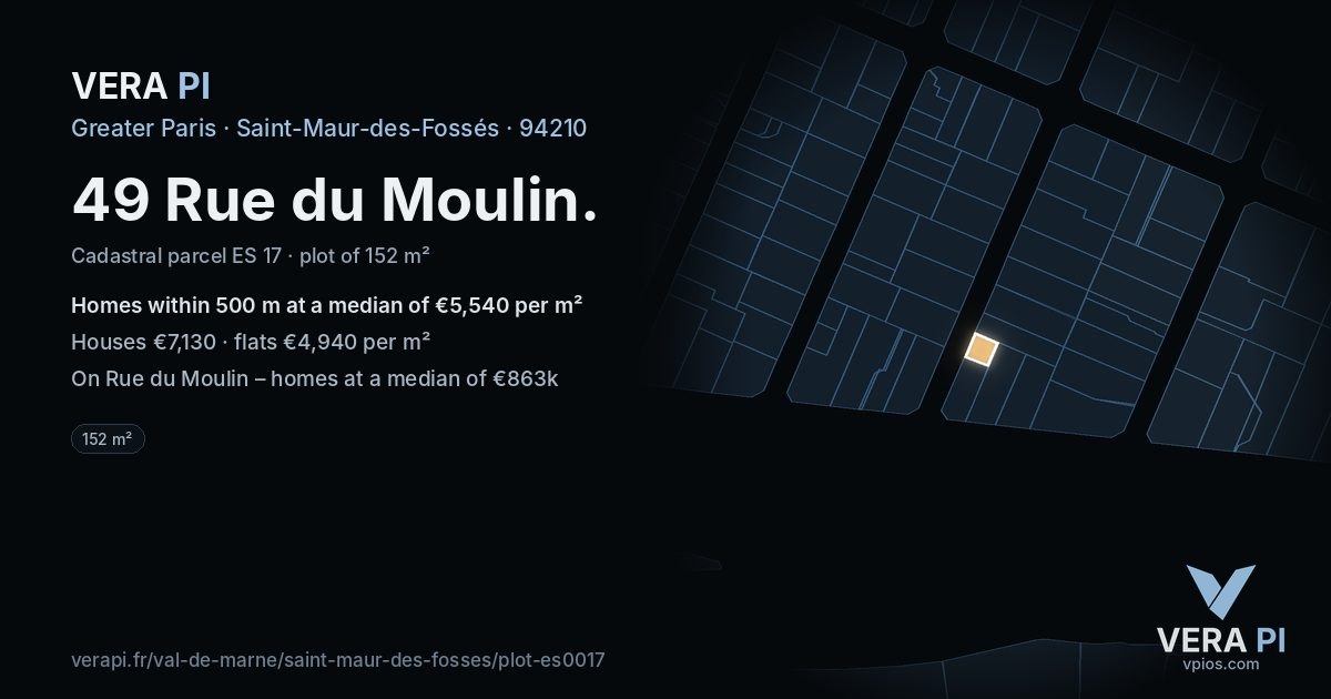 49 Rue du Moulin, Saint-Maur-des-Fossés at night – the plot lit, the parcels around coloured by the prices near them