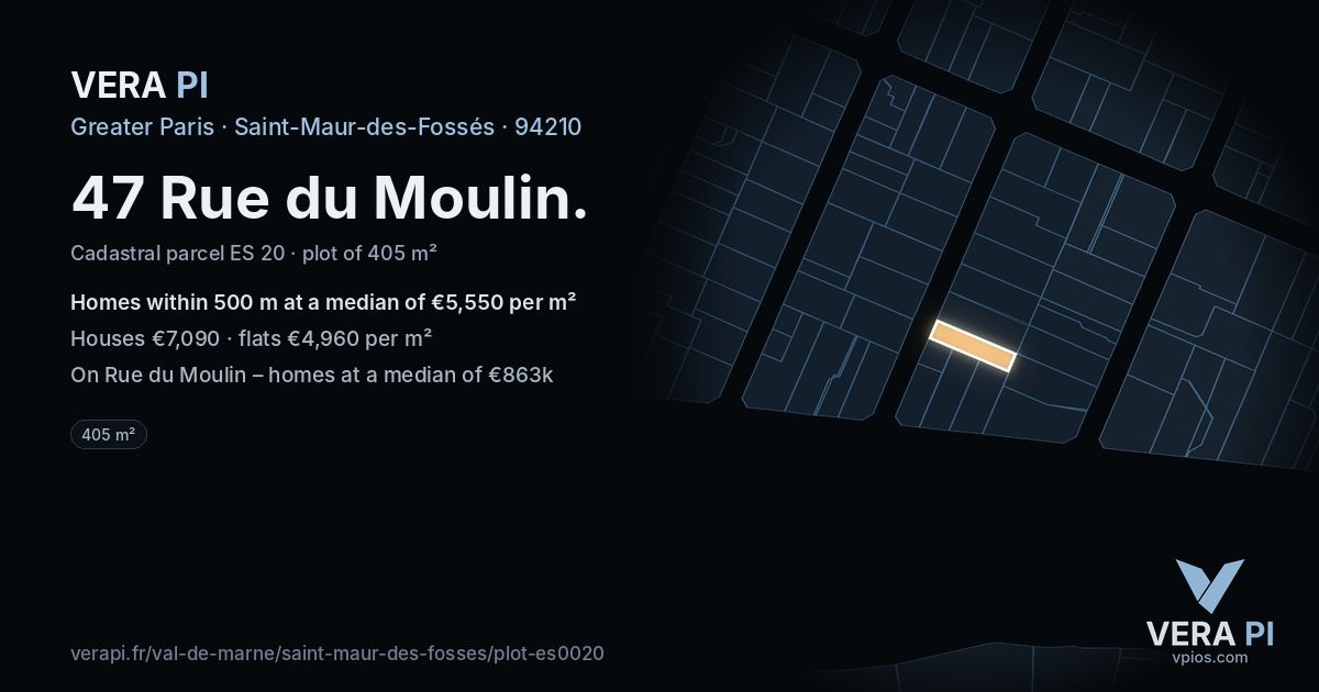 47 Rue du Moulin, Saint-Maur-des-Fossés at night – the plot lit, the parcels around coloured by the prices near them