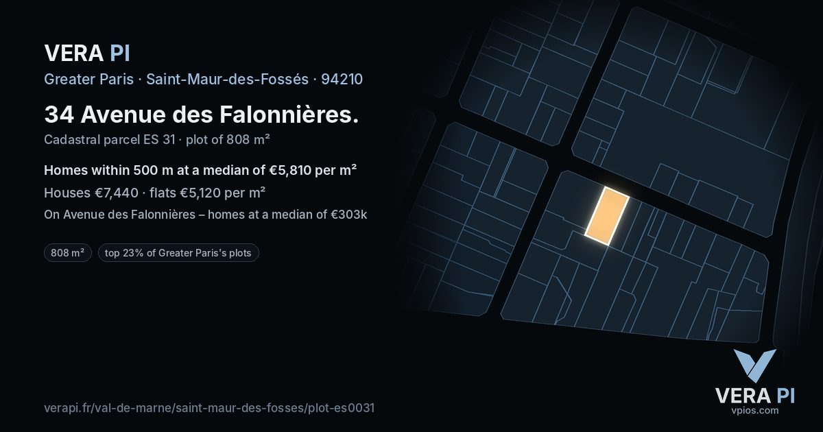 34 Avenue des Falonnières, Saint-Maur-des-Fossés at night – the plot lit, the parcels around coloured by the prices near them