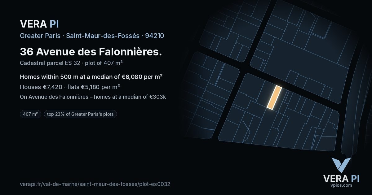 36 Avenue des Falonnières, Saint-Maur-des-Fossés at night – the plot lit, the parcels around coloured by the prices near them