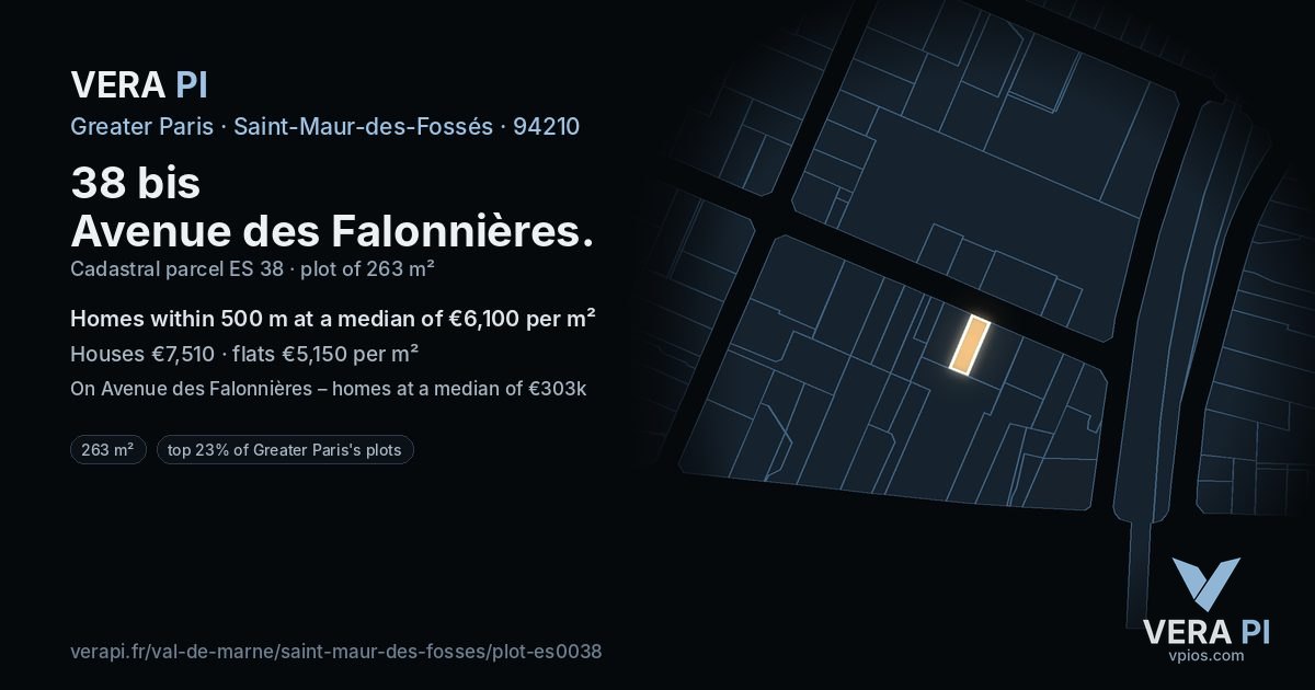 38 bis Avenue des Falonnières, Saint-Maur-des-Fossés at night – the plot lit, the parcels around coloured by the prices near them