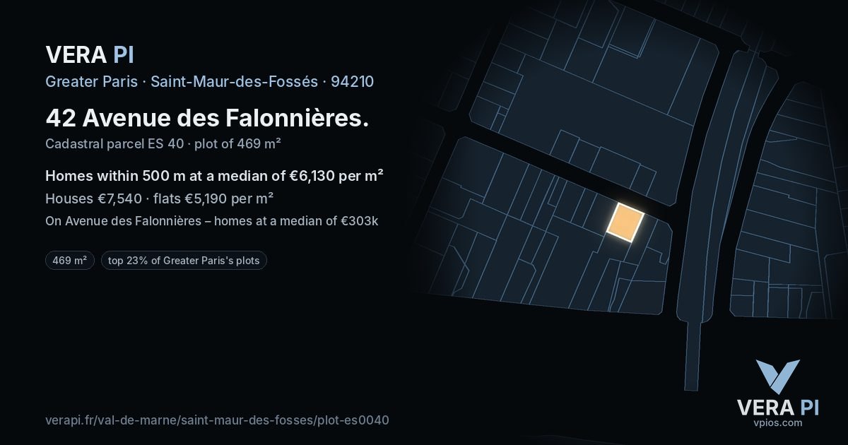 42 Avenue des Falonnières, Saint-Maur-des-Fossés at night – the plot lit, the parcels around coloured by the prices near them