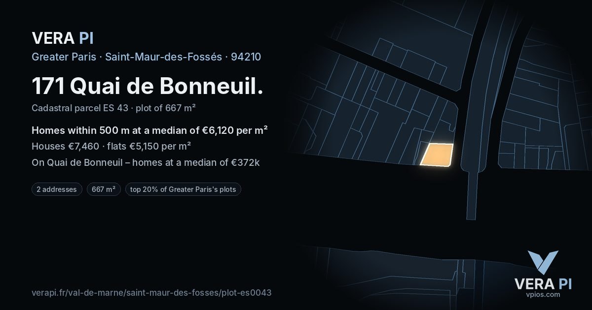 171 Quai de Bonneuil, Saint-Maur-des-Fossés at night – the plot lit, the parcels around coloured by the prices near them
