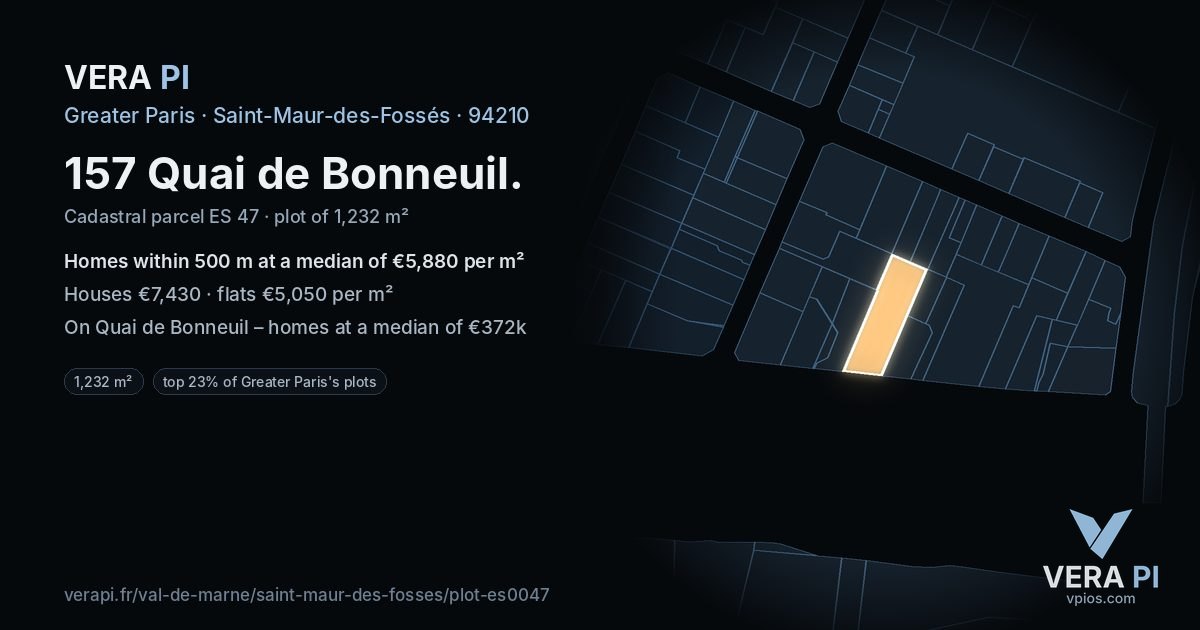 157 Quai de Bonneuil, Saint-Maur-des-Fossés at night – the plot lit, the parcels around coloured by the prices near them