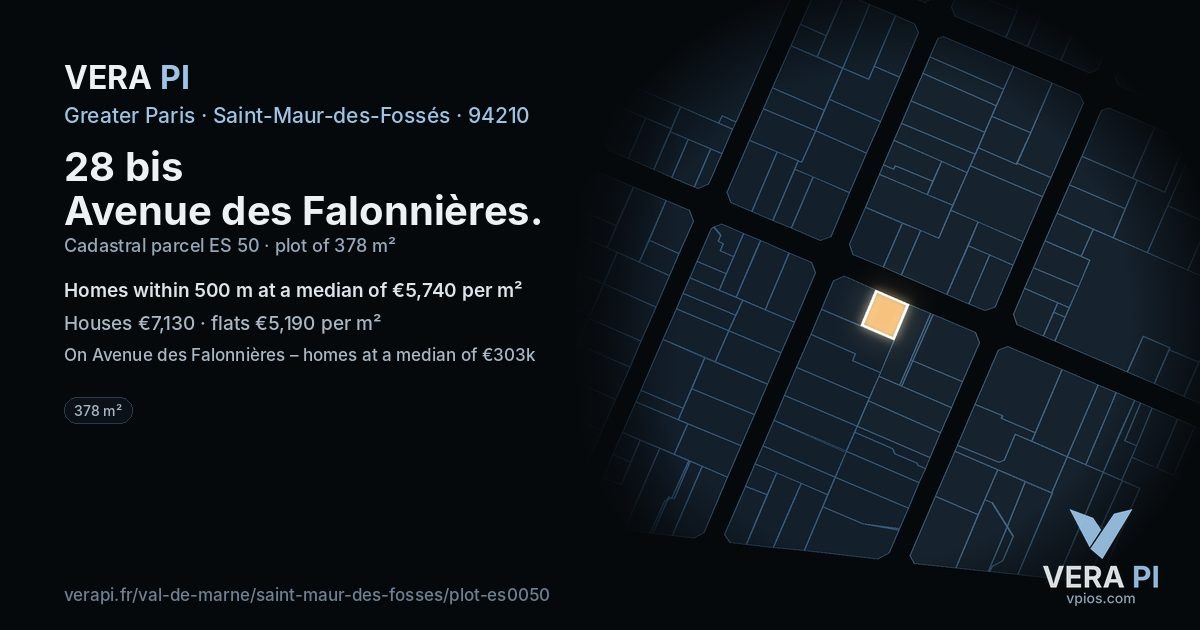 28 bis Avenue des Falonnières, Saint-Maur-des-Fossés at night – the plot lit, the parcels around coloured by the prices near them