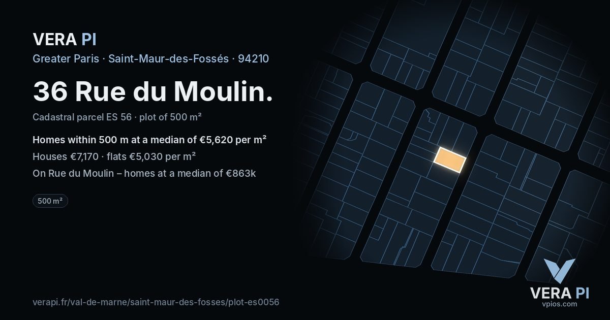 36 Rue du Moulin, Saint-Maur-des-Fossés at night – the plot lit, the parcels around coloured by the prices near them