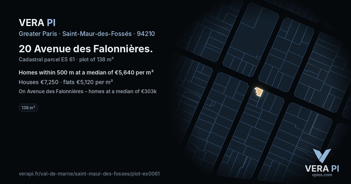 20 Avenue des Falonnières, Saint-Maur-des-Fossés at night – the plot lit, the parcels around coloured by the prices near them