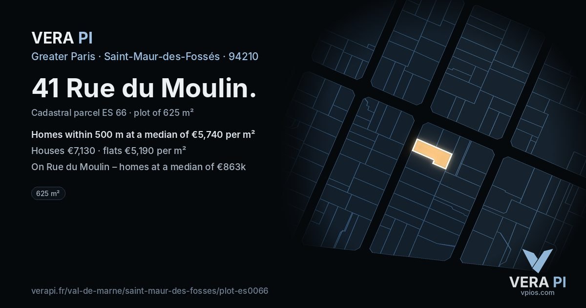 41 Rue du Moulin, Saint-Maur-des-Fossés at night – the plot lit, the parcels around coloured by the prices near them