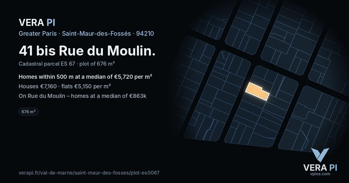 41 bis Rue du Moulin, Saint-Maur-des-Fossés at night – the plot lit, the parcels around coloured by the prices near them