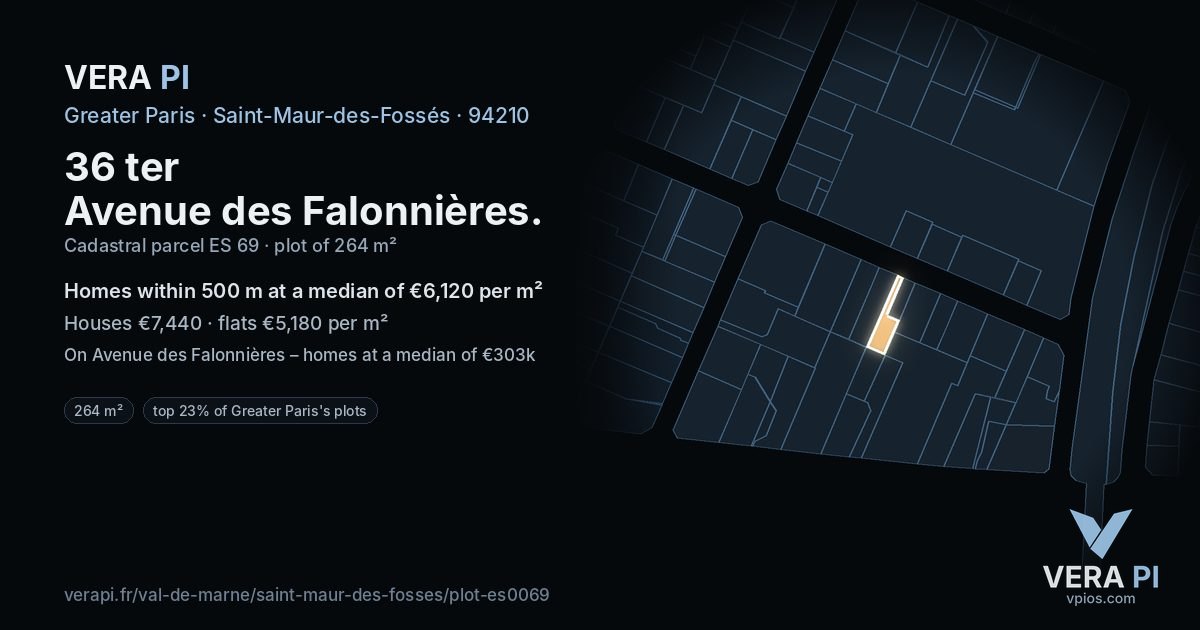 36 ter Avenue des Falonnières, Saint-Maur-des-Fossés at night – the plot lit, the parcels around coloured by the prices near them