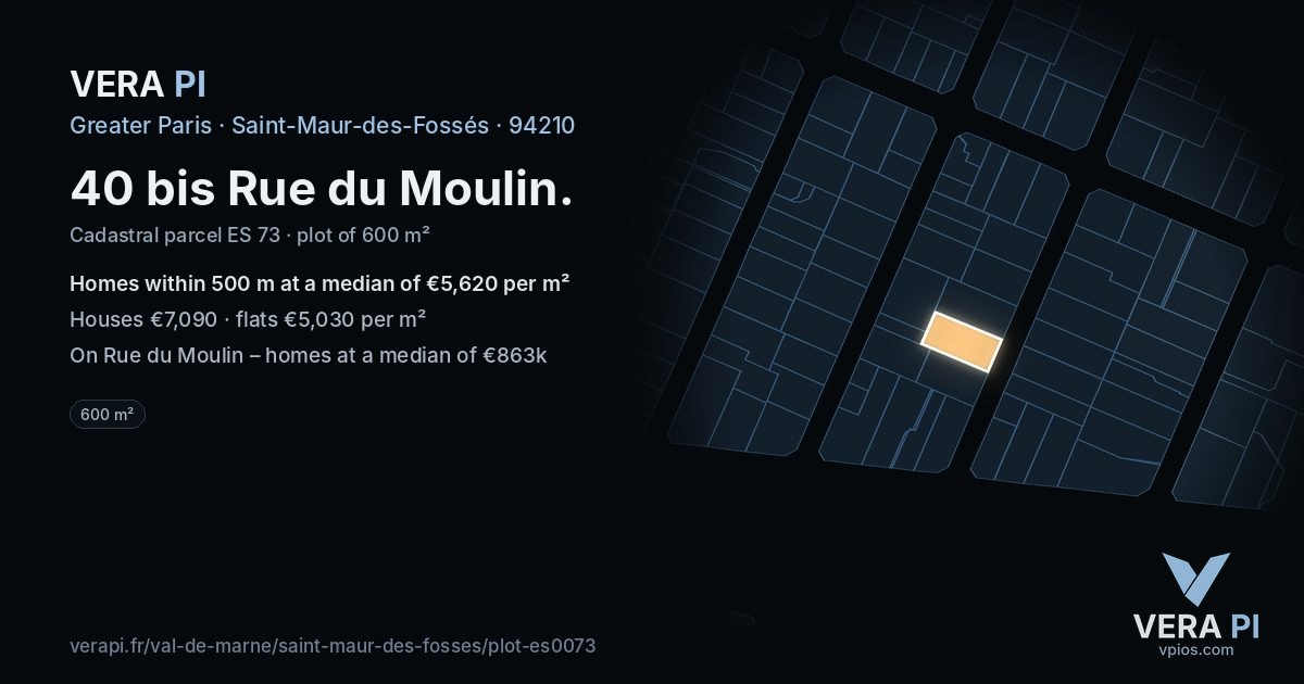 40 bis Rue du Moulin, Saint-Maur-des-Fossés at night – the plot lit, the parcels around coloured by the prices near them