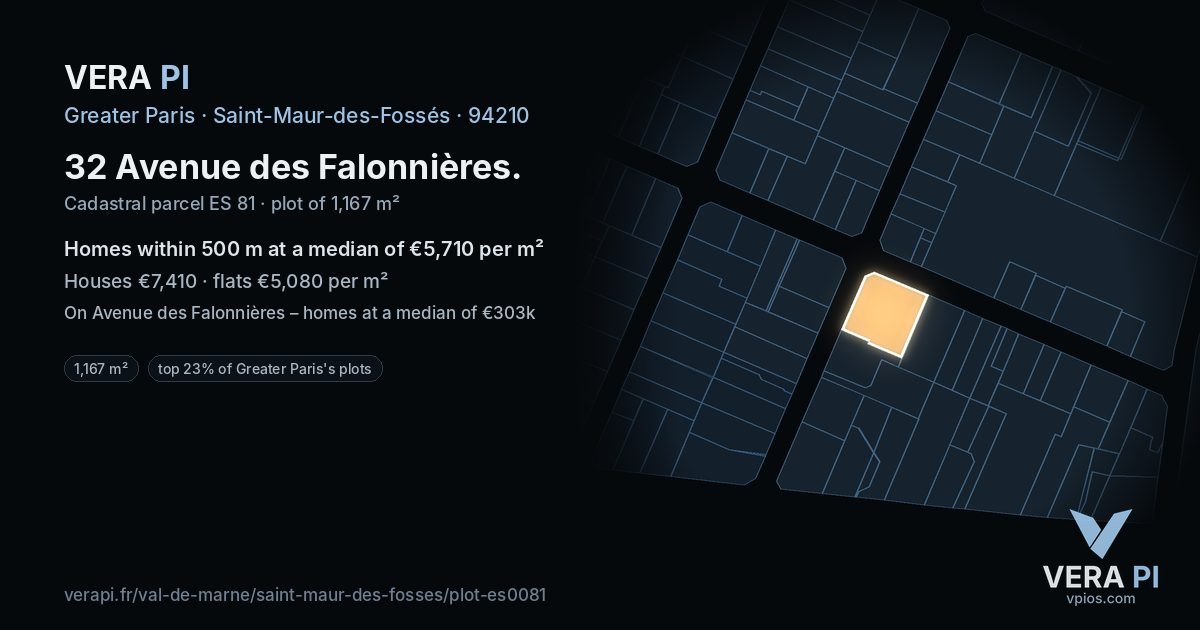 32 Avenue des Falonnières, Saint-Maur-des-Fossés at night – the plot lit, the parcels around coloured by the prices near them