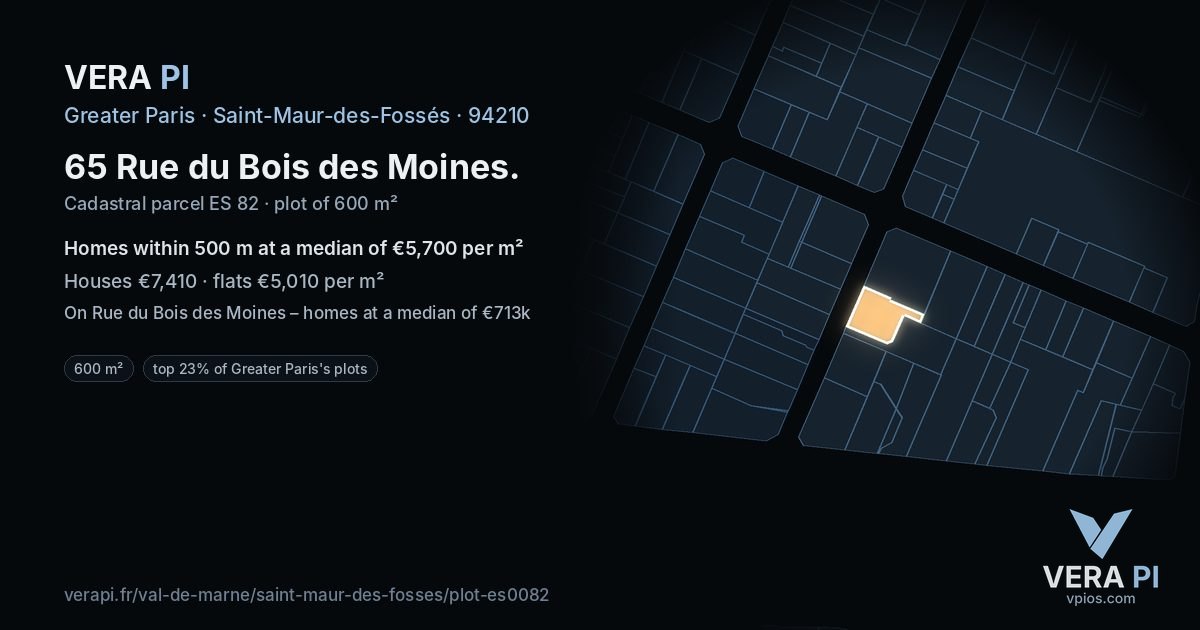 65 Rue du Bois des Moines, Saint-Maur-des-Fossés at night – the plot lit, the parcels around coloured by the prices near them