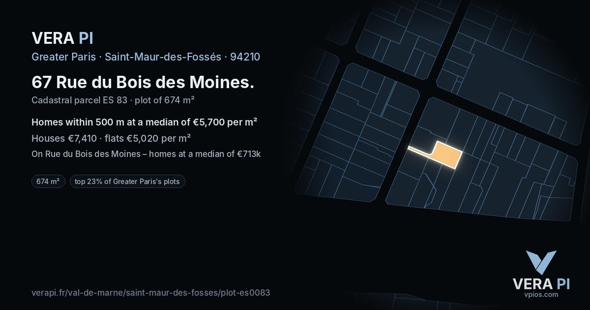 67 Rue du Bois des Moines, Saint-Maur-des-Fossés at night – the plot lit, the parcels around coloured by the prices near them