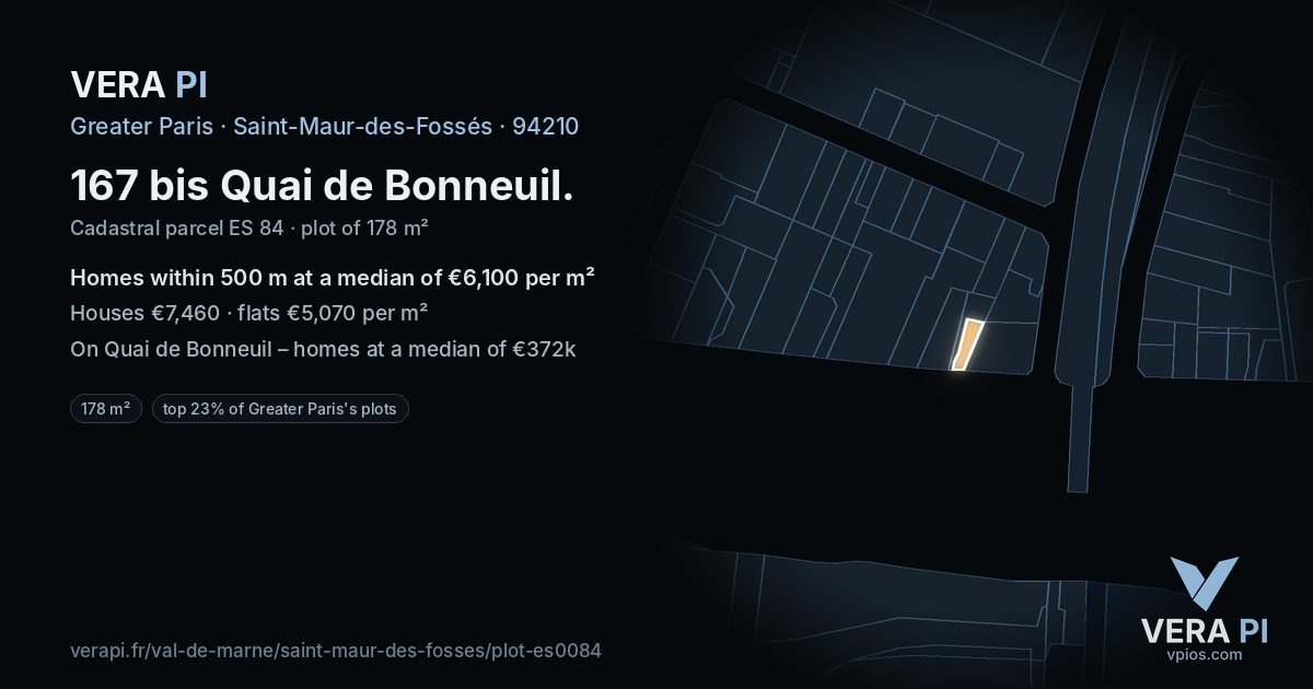 167 bis Quai de Bonneuil, Saint-Maur-des-Fossés at night – the plot lit, the parcels around coloured by the prices near them