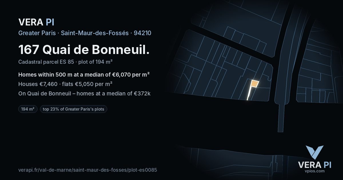 167 Quai de Bonneuil, Saint-Maur-des-Fossés at night – the plot lit, the parcels around coloured by the prices near them