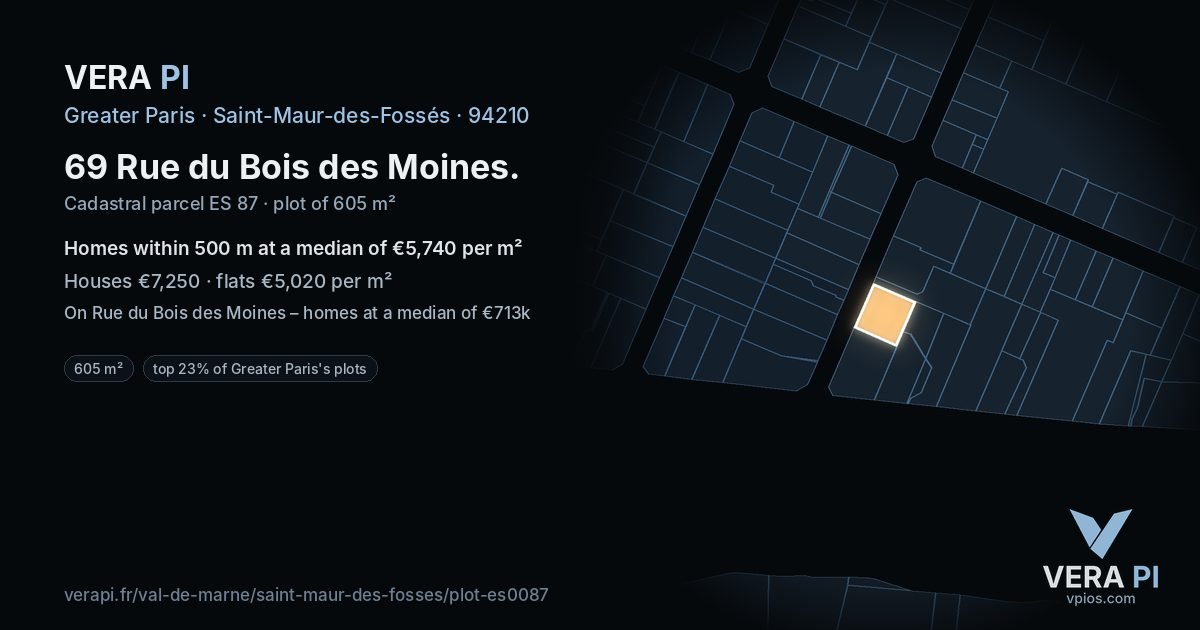 69 Rue du Bois des Moines, Saint-Maur-des-Fossés at night – the plot lit, the parcels around coloured by the prices near them