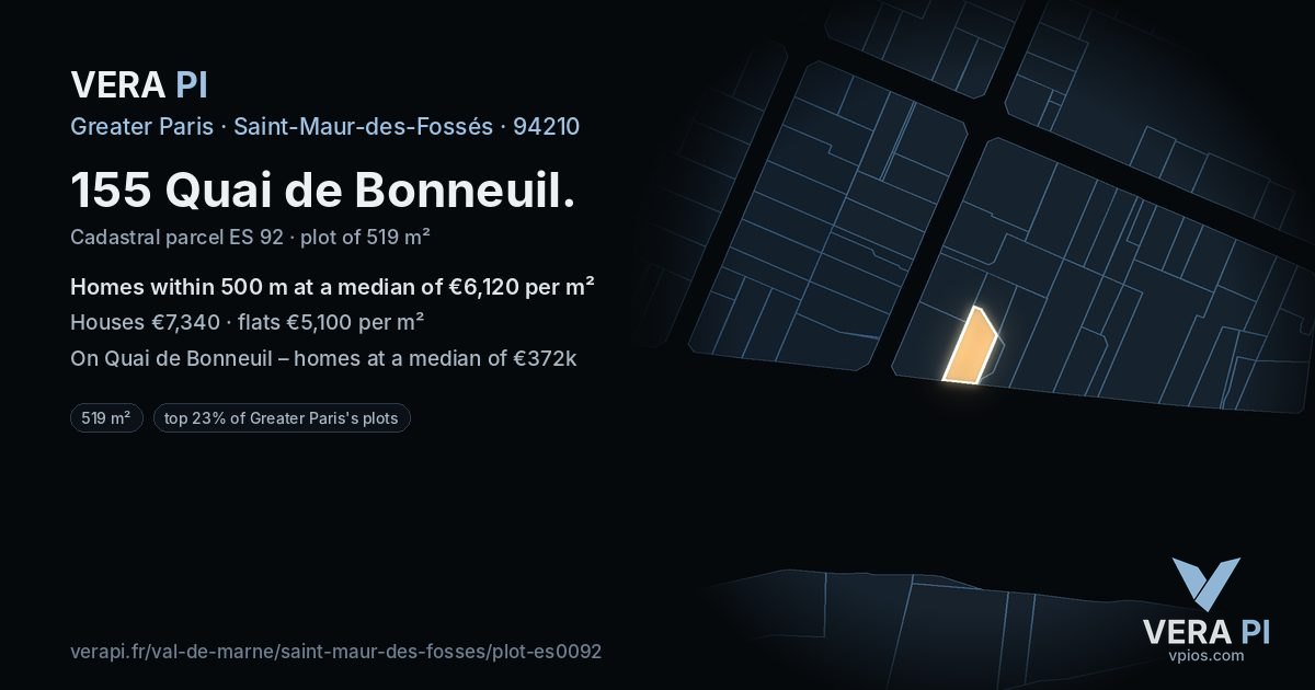 155 Quai de Bonneuil, Saint-Maur-des-Fossés at night – the plot lit, the parcels around coloured by the prices near them