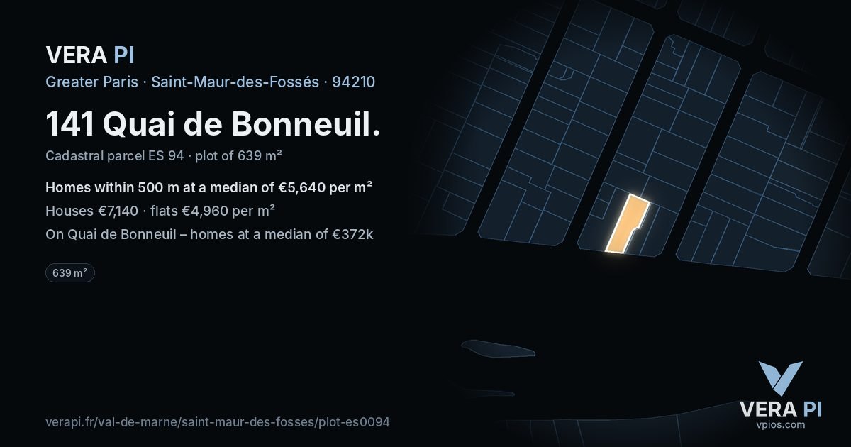 141 Quai de Bonneuil, Saint-Maur-des-Fossés at night – the plot lit, the parcels around coloured by the prices near them