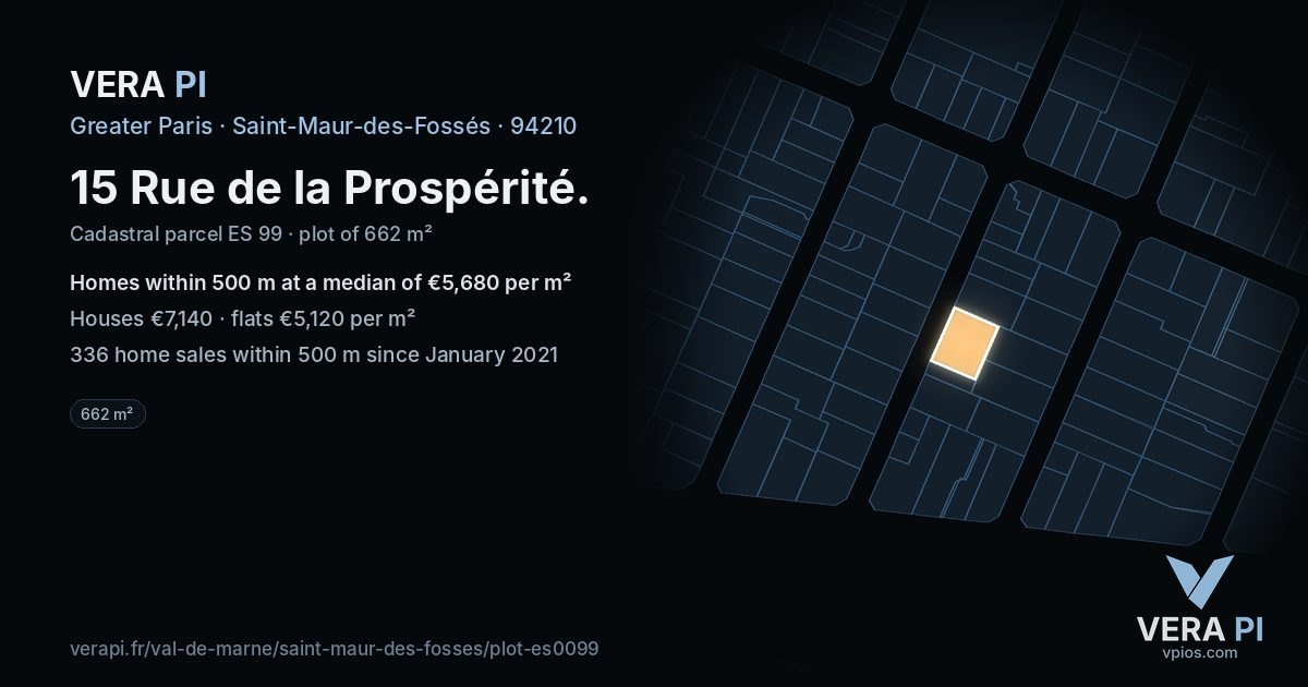 15 Rue de la Prospérité, Saint-Maur-des-Fossés at night – the plot lit, the parcels around coloured by the prices near them